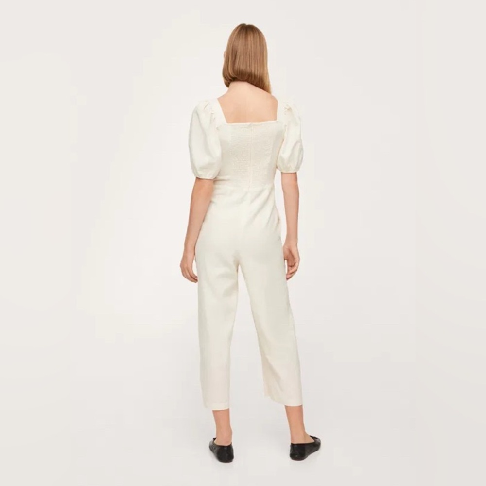 MNG Mango puff sleeve cotton long jumpsuit, cream viscose/cotton/linen blend - Picture 5 of 17